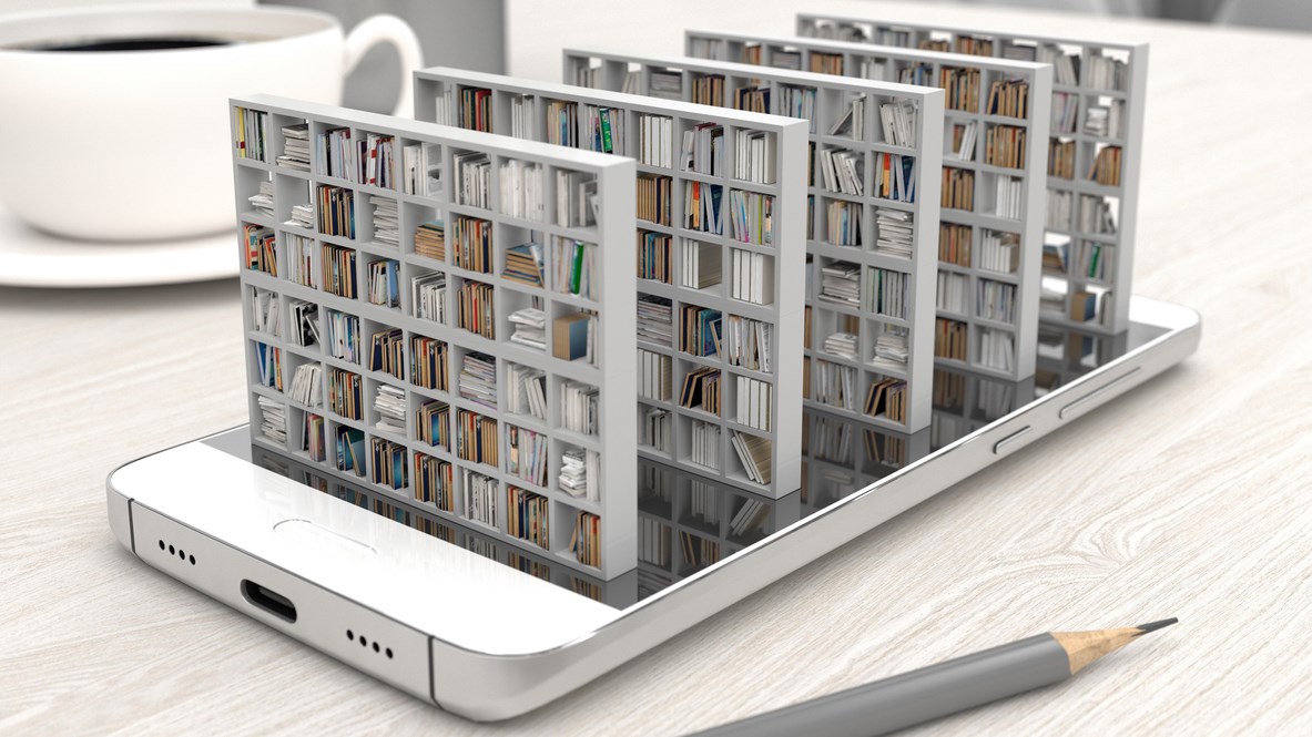 Bookcase with books on a smartphone screen on a desktop. Electronic library in a mobile phone. Distance education and self-study. Books online. Creative conceptual 3D rendering