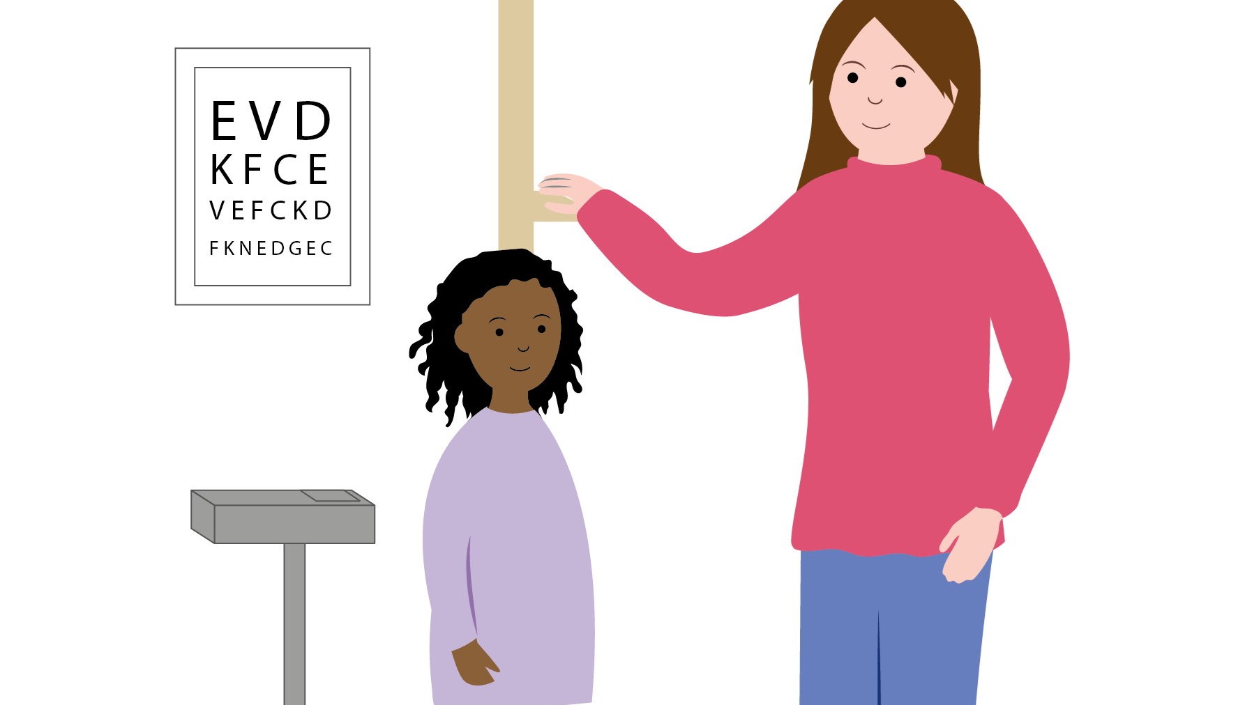 tecknad bild av en kvinna som mäter längden på ett barn