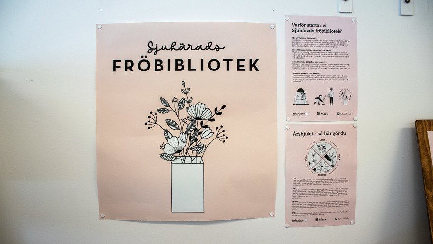 Tre rosa affischer sitter på en vägg. De tre affischerna berättar om varför fröbiblioteket har startats och hur man använder det.