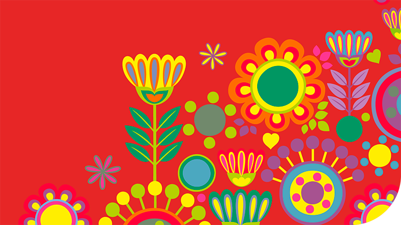 Grafiskt mönster. Röd färg i botten. Grafiska blommor i olika former, mönster och glada färger. 