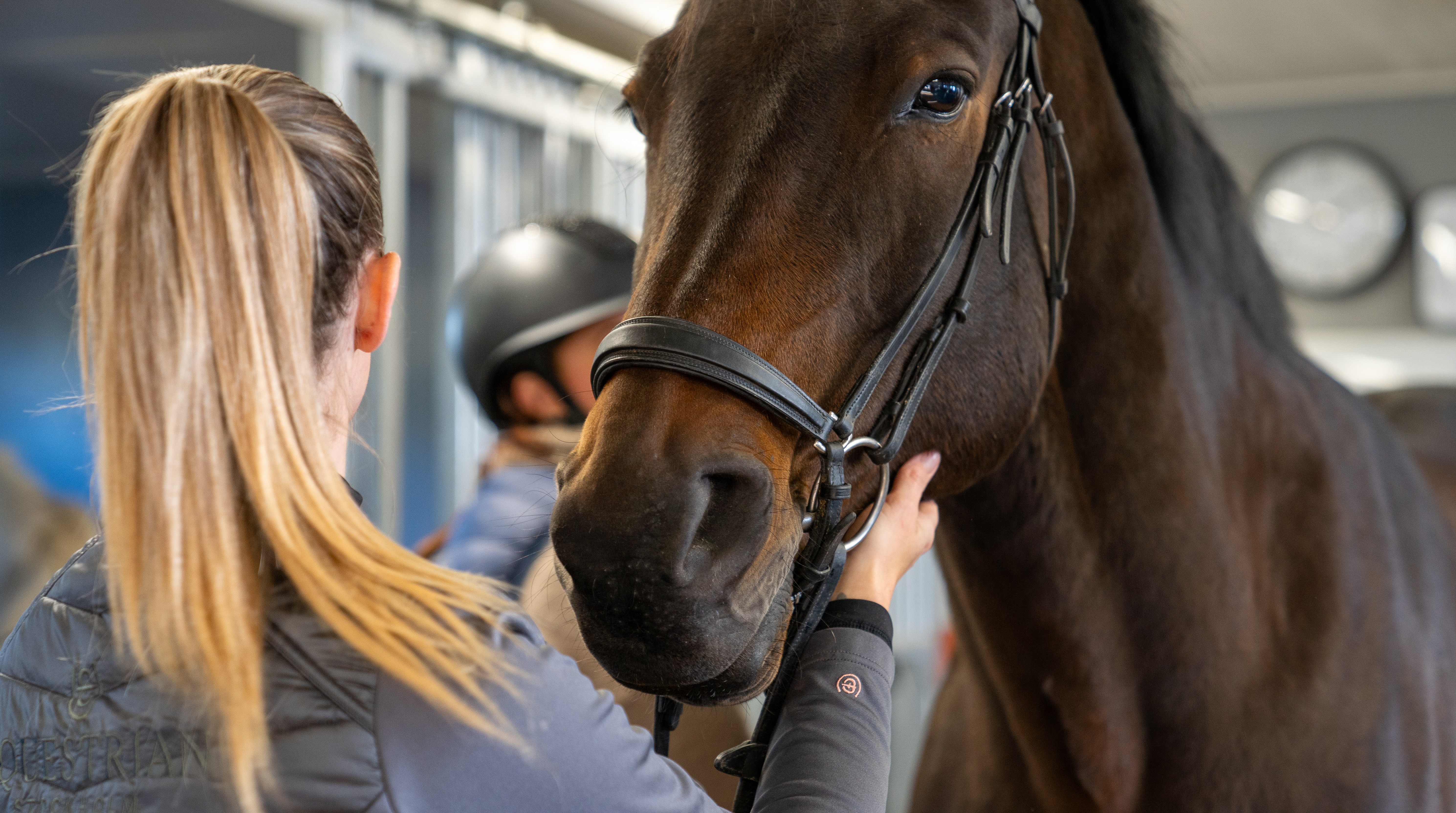 Elev står framför häst och håller händerna under mulen, elev med hjälm i bakgrunden